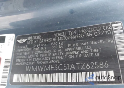 2010 Mini Cooper z USA, uszkodzony, nr VIN WMWMF3C51ATZ62586